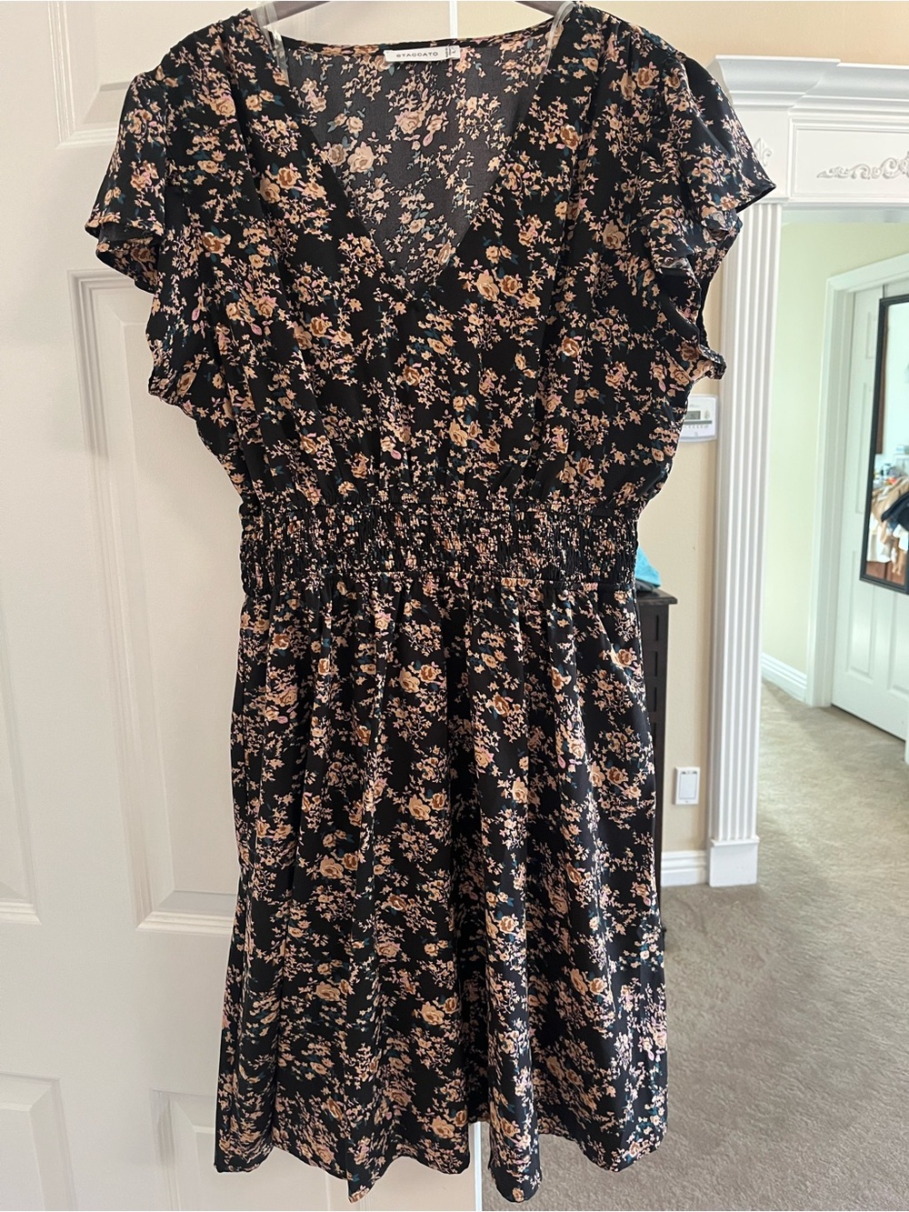 Staccato Black Midi Dress with pockets with Peach Floral Print